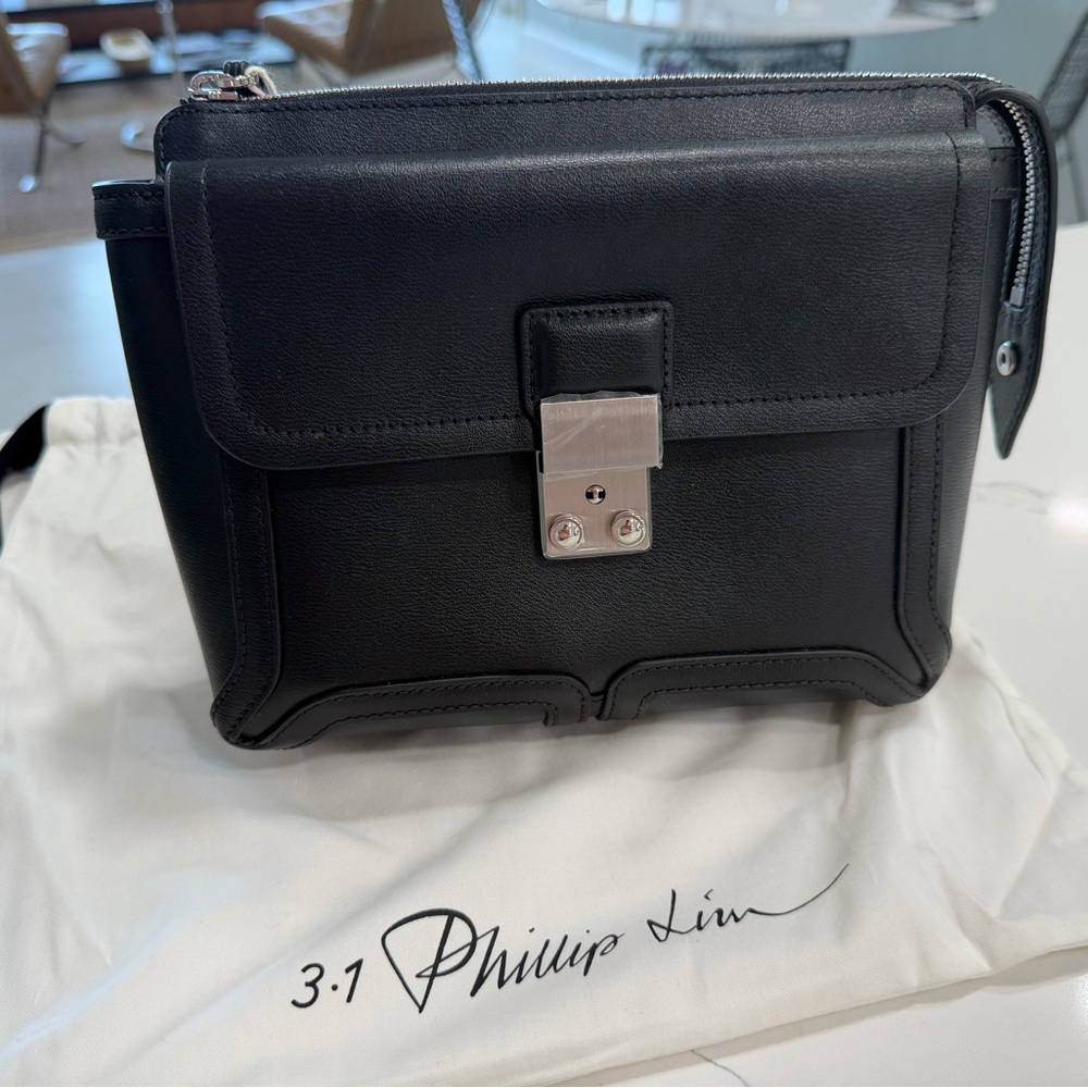 3.1 Phillip Lim Black Leather Wristlet Clutch Bag with Silver Lock